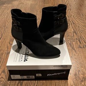 Aquatalia RomaBlack Leather and Suede Heeled Bootie with Double Buckles Size 8.5